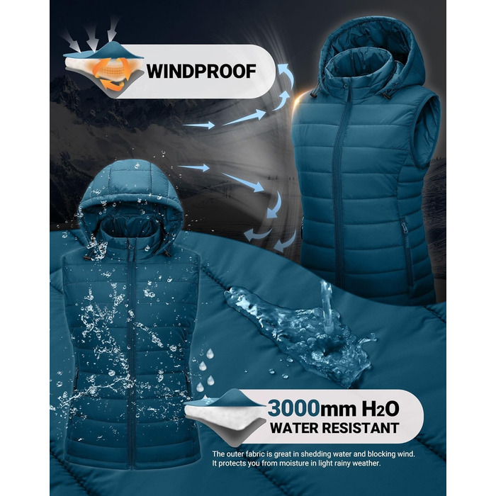 Стьобана жилетка Outdoor Ventures з капюшоном для жінок. Підходить для туризму, кемпінгу та їзди на велосипеді (Керамічно-блакитний, L)