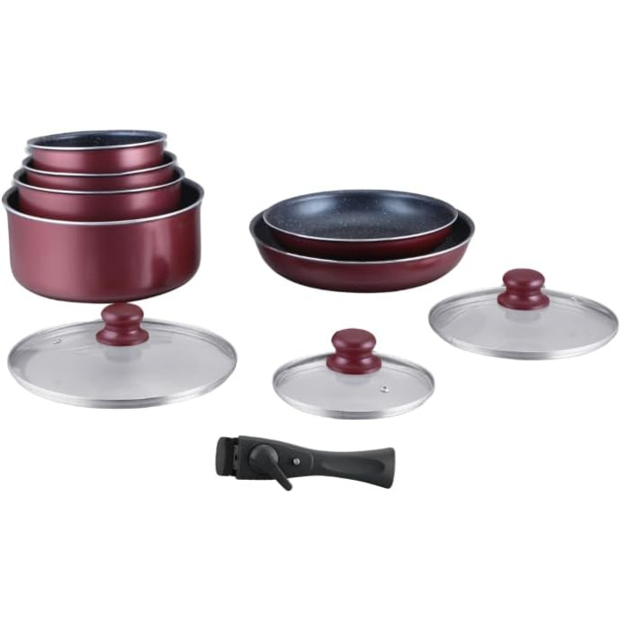 HAGEN, Stone-coated cookware, Removable handle, 10 pieces, Bordeaux, Non-stick coating, Suitable for all burners, including induction, HA04647 Bordeaux red - 10 pieces
