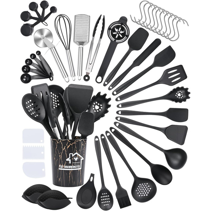 Набір кухонних аксесуарів Czemo 43 шт. з силікону: кухонні помічники, посуд, лопатки, ложки, чорний