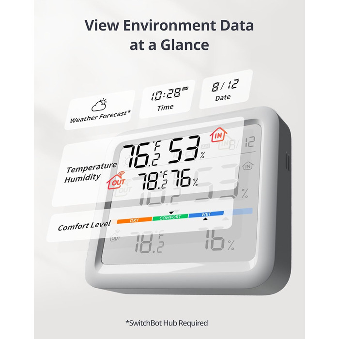 SwitchBot Bluetooth Weather Station with Outdoor Sensor, Hygrometer Thermometer Indoor, Temperature Sensor with Outdoor Thermometer, Time/Date/Weather Forecasts (SwitchBot Hub required) Weather Station (Bluetooth)