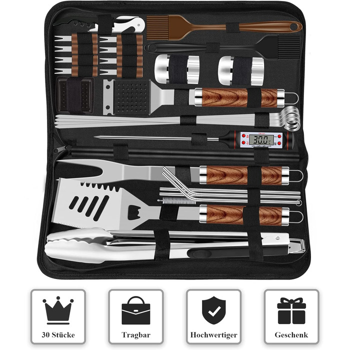 Набір барбекю 30 предметів: щипці, лопатка, штопор, аксесуари для гриля з нержавіючої сталі, термостійка килимок, кейс. Чудовий подарунок для чоловіків, для гриля, кемпінгу та саду.