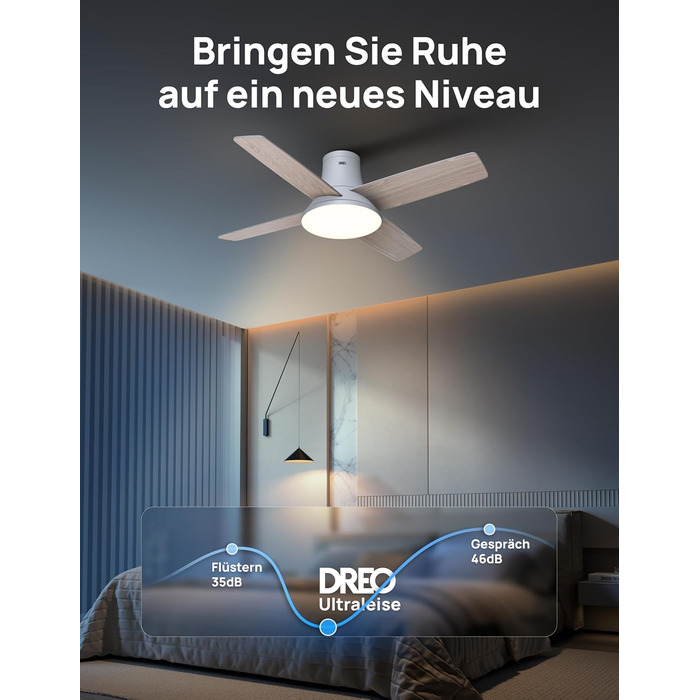 Вентилятор стельовий Dreo з підсвічуванням та пультом, 112 см, чорний, 5 лопатей, 6 рівнів регулювання яскравості, 6 швидкостей, тихий, таймер, легка збірка, для спальні
