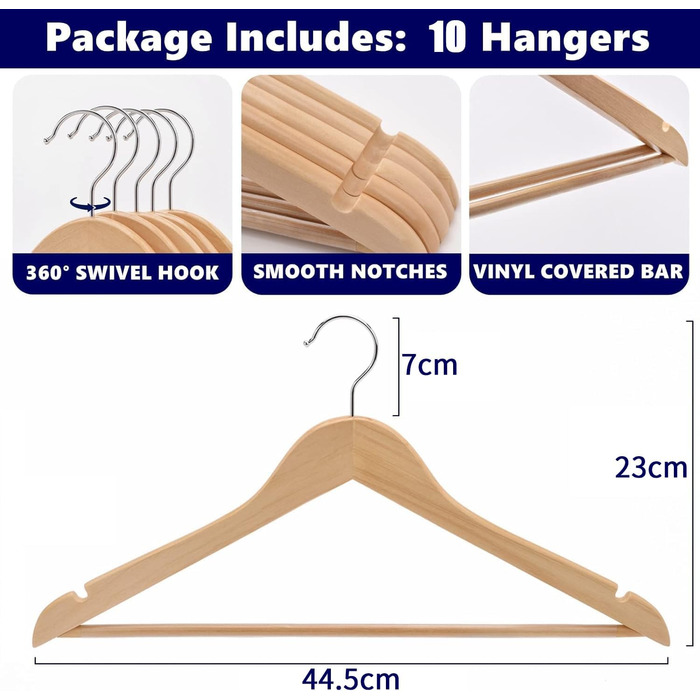 Amber Home 10-Piece 44.5cm Natural Wooden Clothes Hangers with Bar and Notch, Sturdy Hanger for T-Shirt, Shirt, Suit, Coat, Dress, Wedding, Tank Top