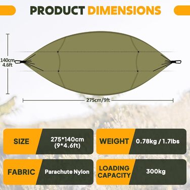 Гамак-москітна сітка NATUREFUN, 300 кг, 275x140 см, армійний зелений