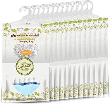 ZSPENG 14-Piece Moisture Absorber & Max Odor Eliminator Hanging Bags, 220g Fragrance Free Dehumidifying Bags for Closets, Basements, Laundry Rooms, Storage Rooms