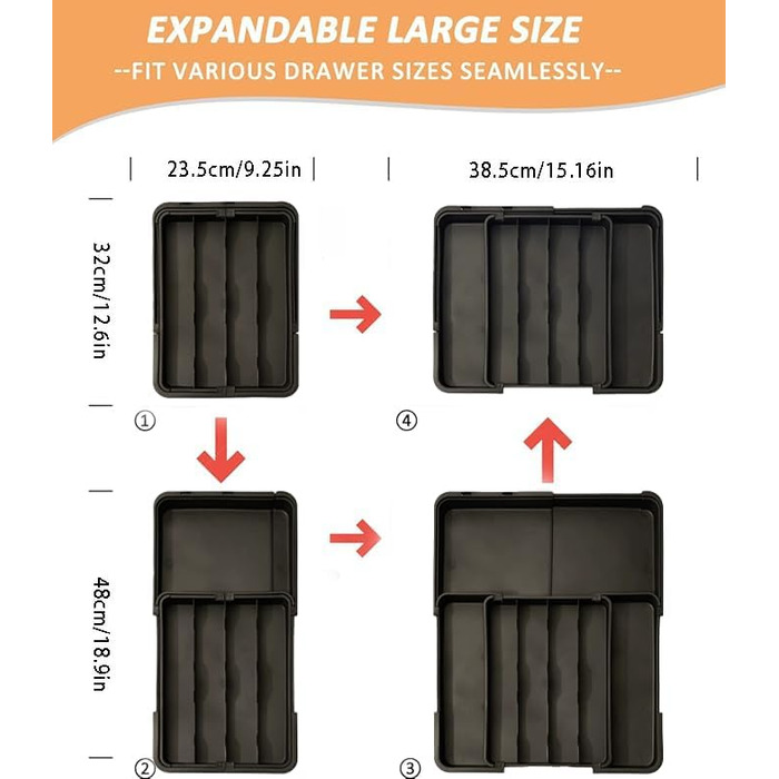 Органайзер для столових приборів ZHUlYIWIN в шухляду, розсувний, з тримачами для ножів (сірий)