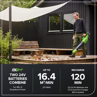 Акумуляторний повітродув Greenworks 48В (2x24В), безщітковий двигун, турборежим, 217 км/год, 16,4 м³/хв, без батарей і зарядного, 3 роки гарантії, GD24X2AB