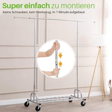 HOKEEPER Clothes Rack with Shelves, 450 kg Capacity, Rolling Clothes Rack, Portable Clothes Rack for Hanging, Chrome