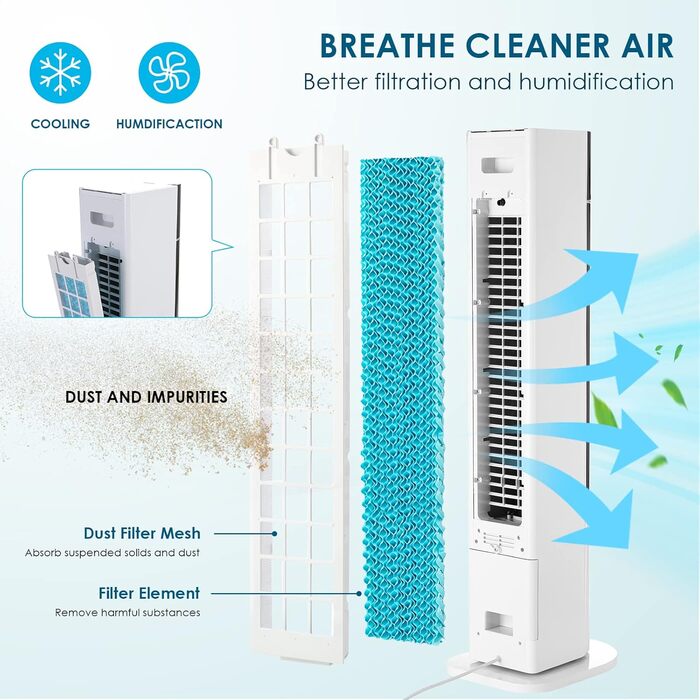 Турбовентилятор 104 см з дистанційним керуванням та водяним охолодженням, 4 в 1: охолодження, зволоження, очищення повітря. Обертання 50°, таймер 12 годин, тихий, для спальні, вітальні, білий