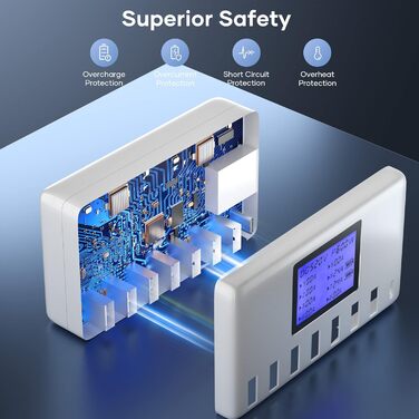 Зарядний пристрій USB 60W, 8 портів, USB-C з LCD дисплеєм для iPhone, iPad, Android, Samsung, Huawei, планшетів, Kindle (білий)