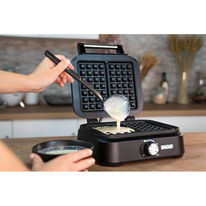 Вафельниця Unold 48275 Belgisches Waffeleisen Brüssel: подвійний автомат, регулювання температури, антипригарне покриття, 1500 Вт, чорний