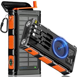 Повербанк сонячний Wireless 26800mAh з ручною зарядкою та 4 кабелями, Power Bank USB-C швидка зарядка, 7 портів, водонепроникний для кемпінгу, помаранчевий