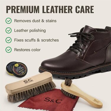 Stone & Clark 12-Piece Leather Shoe Cream & Care Set with Brown Wax, Shoe Brushes for Polishing, Compact Shoe Shine Kit with Horsehair Brushes & PU