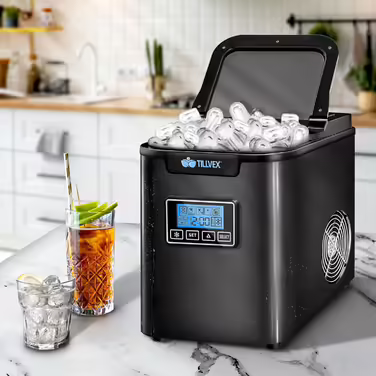 tillvex Ice Maker Stainless Steel 12 kg - 24 h | Ice Cube Maker with Timer and 2.2 Liter Water Tank | Ice-Maker LCD Display & Self-Cleaning Function | 3 Ice Cube Sizes (Black)