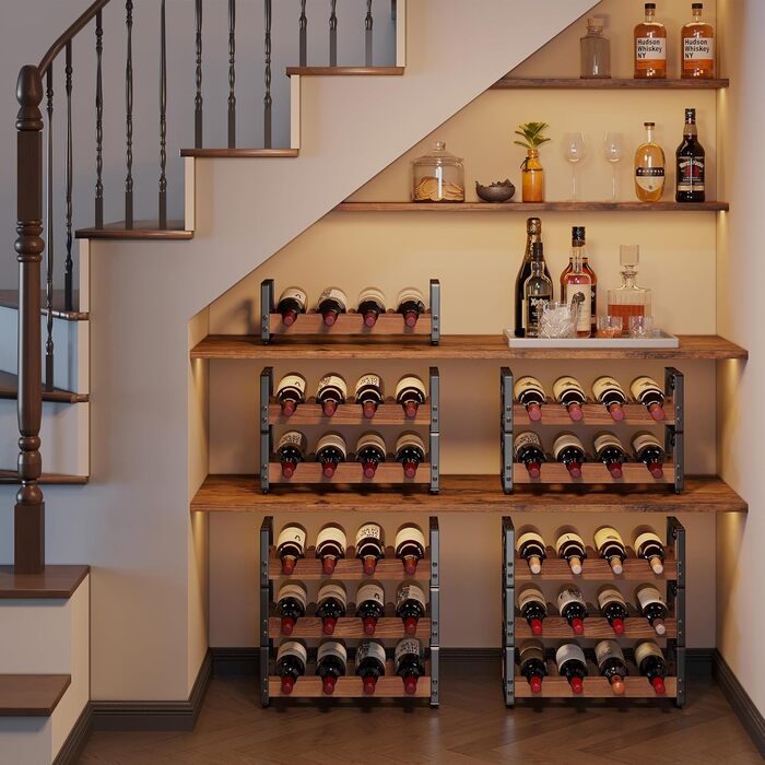 Rustic 3-Tier Stackable Wine Rack Freestanding 12 Bottle Organizer Holder Stand Countertop Liquor Storage Shelf Solid Wood & Iron 16.5