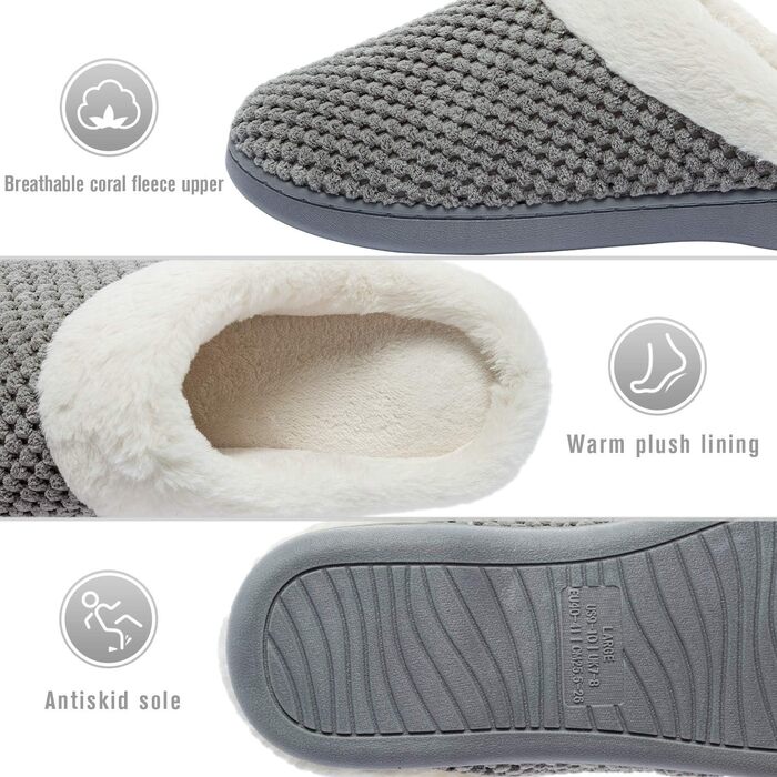 Тапочки жіночі зимові з меморі-піною, теплі, зручні, з антиковзаючою підошвою, плюшеві, легкі, для дому, сірі, 40/41 EU