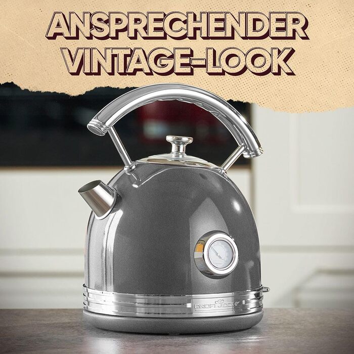 Електричний чайник ProfiCook® PC WKS 1192, 1,7 л, антрацит, ретро-дизайн з металевим корпусом та хромованими деталями, з індикатором температури, 2200W
