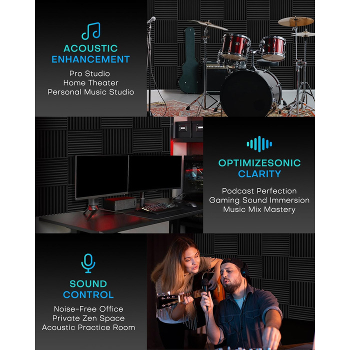 Акустичний поролон Knightsacoustic для звукоізоляції, панелі-поглиначі шуму 30x30x2.5 см, чорний (набір 52 шт) для студії звукозапису