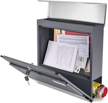 Поштовий ящик Verda з газетницею, нержавіюча сталь, антрацит, 37x37x11 см - дизайнерський вуличний ящик з вікном, ключами та табличкою для імен