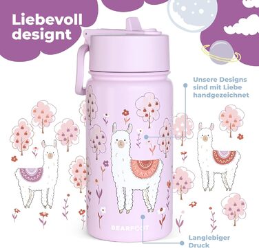 Дитяча термопляшка Bearfoot з нержавіючої сталі з трубочкою 400 мл - BPA free, без витоку, для дівчаток та хлопчиків, для школи та садочка (Лідія - Лама)