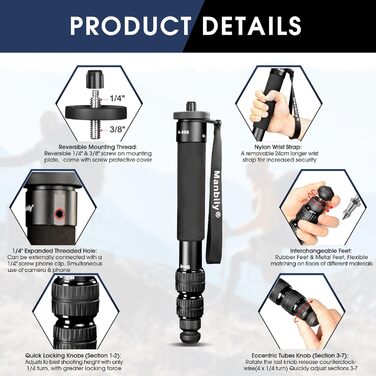 Монопод для камери Manbily A-888, 32-156 см, алюміній, 7 секцій, для DSLR/смартфона, монопод для фото та відео