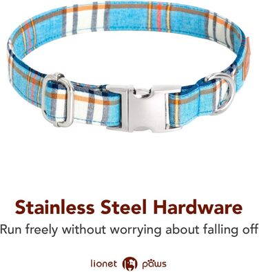 Нашийник для собак Lionet Paws з метеликом, бавовна, металевий замок, XL, 40-66 см, блакитний в клітинку