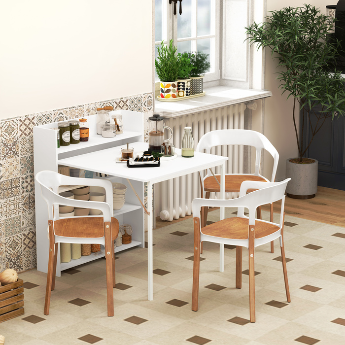 HOMCOM Folding Dining Table - Ideal for Small Spaces, with 4 Discreet Shelves, Foldable Kitchen Table, Anti-Tip Function, White