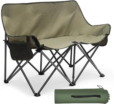 Складане кемпінгове софа для 2 осіб - портативний стілець для кемпінгу з підлокітниками та сумкою, ідеально підходить для пікніків, кемпінгу, саду, балкону, намету та риболовлі (Оливковий, 110 см)