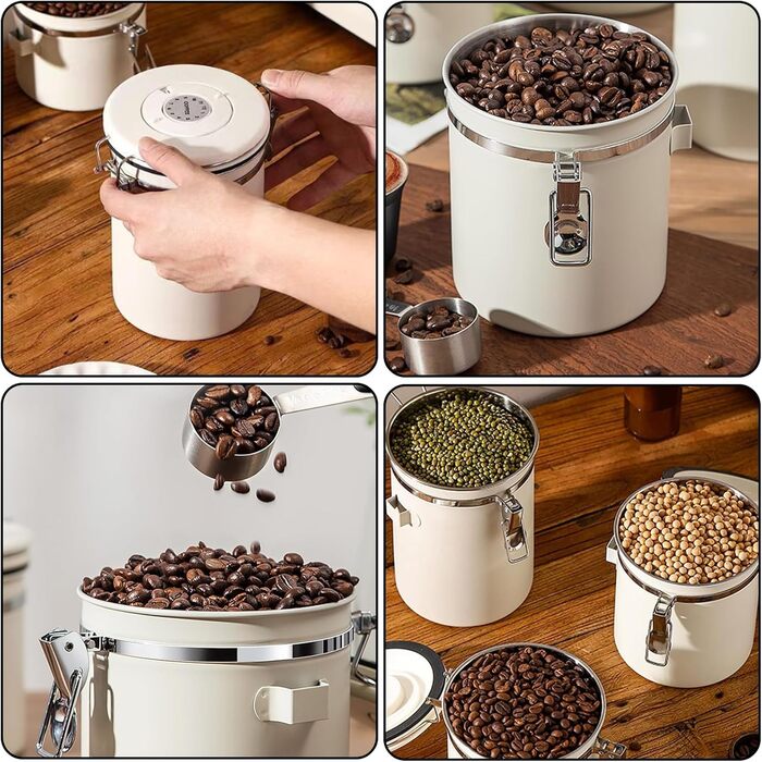 Герметичний контейнер для кави з нержавіючої сталі, 1.8L, з мірною ложкою та індикатором дати, для кави, чаю, горіхів, какао, зберігає свіжість
