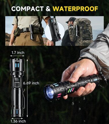 LED ліхтар Esgofo 500000 люменів, перезарядна, екстремально яскрава, 15 годин роботи, USB-C, дальність 1000м, регульований фокус та режими світла, для активного відпочинку та безпеки