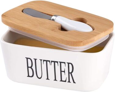Butter dish with lid and knife, 650 ml, large ceramic butter dish, double silicone seals, butter dish for storing homemade butter, nuts and cheese