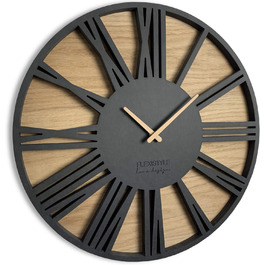 FLEXISTYLE Large Wall Clock Without Ticking Sounds, Wood Art Black, Living Room, Bedroom, Made in EU, z216-2 (50cm)