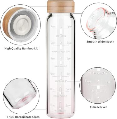 1 Liter Glass Water Bottle with Straw & Time Marker, 1L Motivational Glass Water Bottle with Protective Sleeve, Borosilicate Glass Bottle for Carbonated Drinks, Leak-Proof