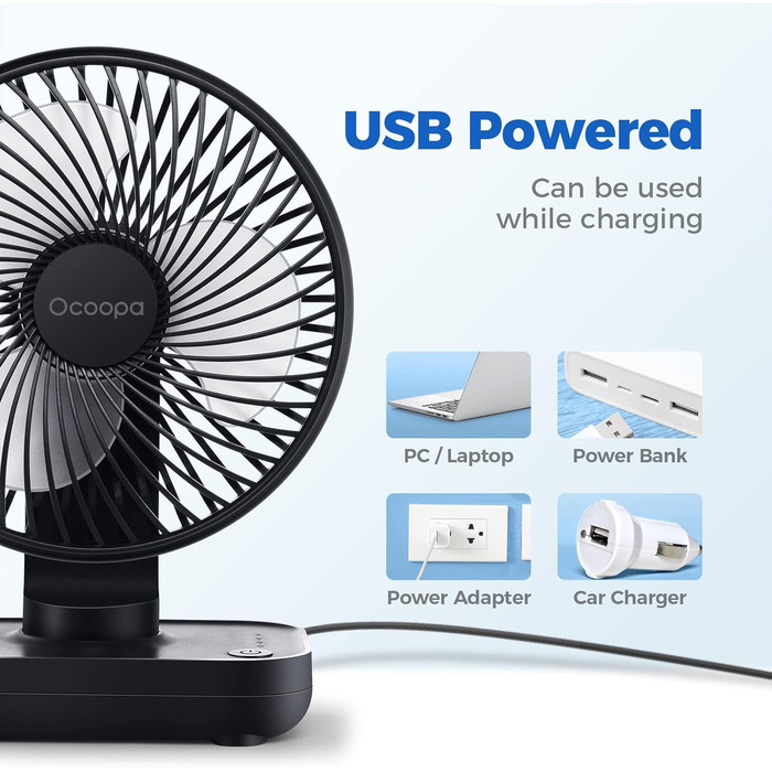 USB вентилятор OCOOPA - тихий, портативний, 4 швидкості, 4000mAh, для дому, офісу, чорний/темно-синій
