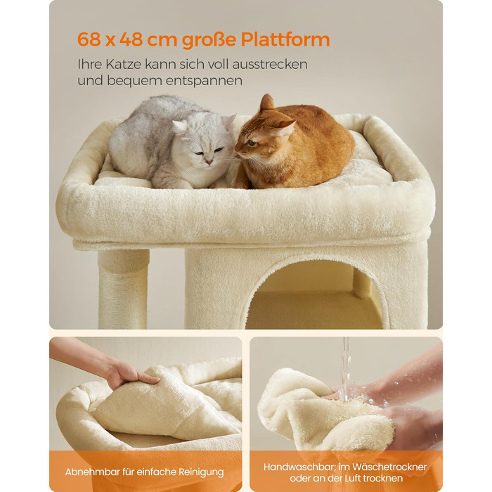 Feandrea Cat Tree, 84 cm Cat Tree, L, Cat House for Large Cats up to 7 kg, Large Platform, 2 Cat Caves, Sisal Posts, PCT61W (XL (68 x 48 x 101 cm), Beige)
