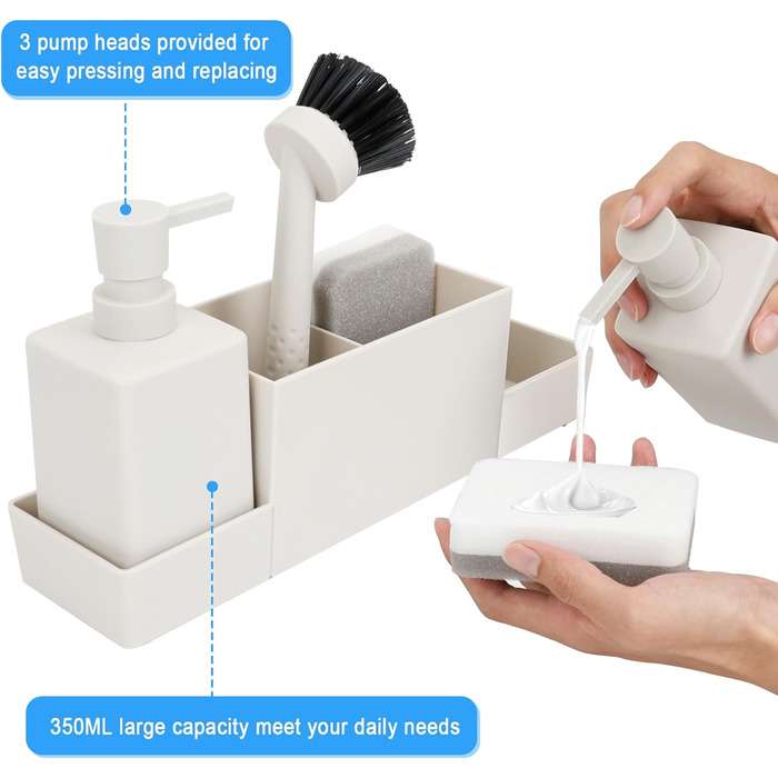 CAUTIOUS 350ML Sink Organizer with Brush, Soap Dispenser Sponge Kitchen Dish Soap Dispenser Set Made of Plastic, Sink Organizer with Two Soap Dispensers, Kitchen Gadget Organizer (white)