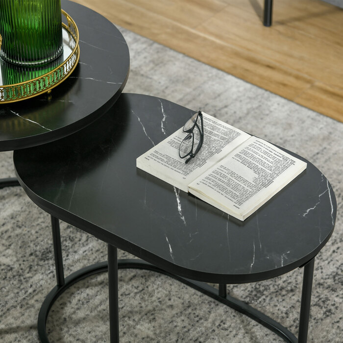 HOMCOM 2-Piece Round Oval Nesting Coffee Table Set - Holds up to 30 kg, Stackable - MDF & Steel Coffee Table, Black - Ø50 x 50 x 5H cm - For Living Room