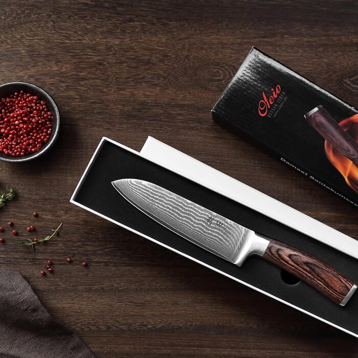 Ніж Santoku Wakoli EDIB Damast I 17 см, лезо з 67 шарів з VG10-сталі, з ручкою з паккавуду. Професійний кухонний ніж з дамаської сталі в подарунковій коробці, без гравіювання.