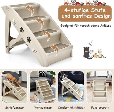 Сходинка для тварин GYMAX з 4 сходинками, розкладні сходи для собак і котів з антиковзкими підкладками, 4 килимки та трикутна структура (Бежевий)