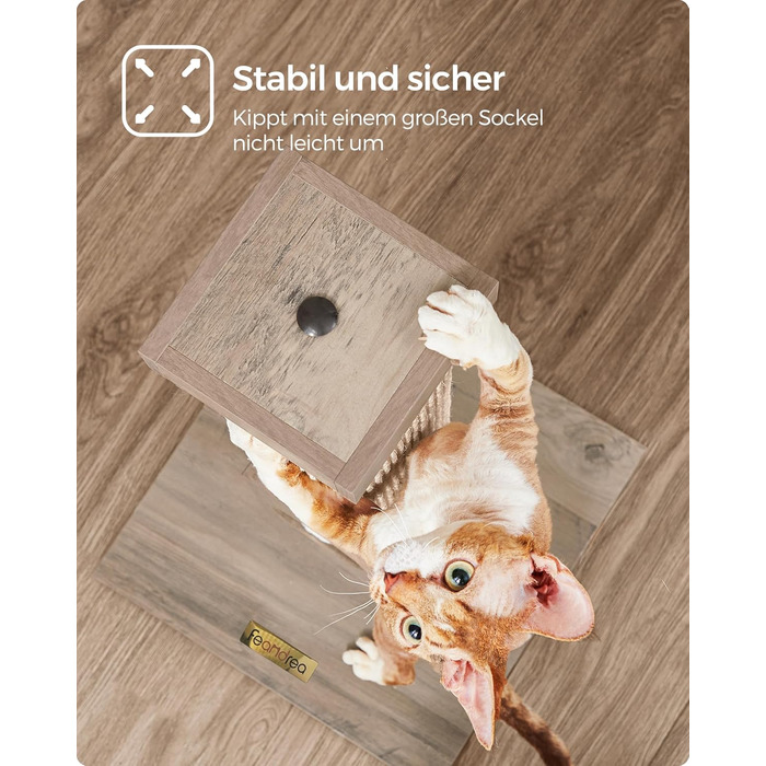 Feandrea Scratching Post, Scratching Trunk, Cat Tree, 10 cm Thick Trunk, Scratching Column Made of Natural Sisal Rope, 73 cm High, with Plush Play Ball, Furniture Scratch Protector, Greige PCA021G01