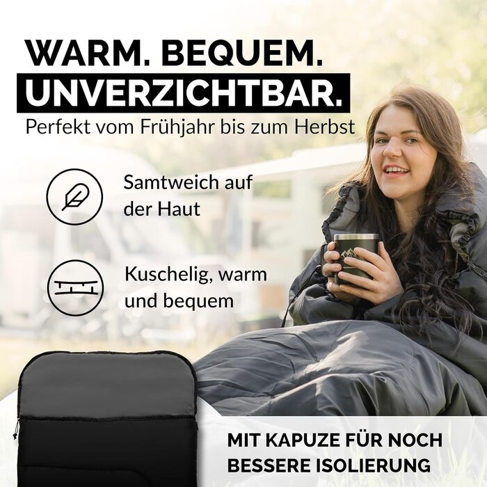 Montaray® Hooded Sleeping Bag -3°C - Outdoor Winter & Summer Sleeping Bag for Men & Women - 3-4 Season, 75x220cm, Hut Sleeping Bag, Black, 280GSM