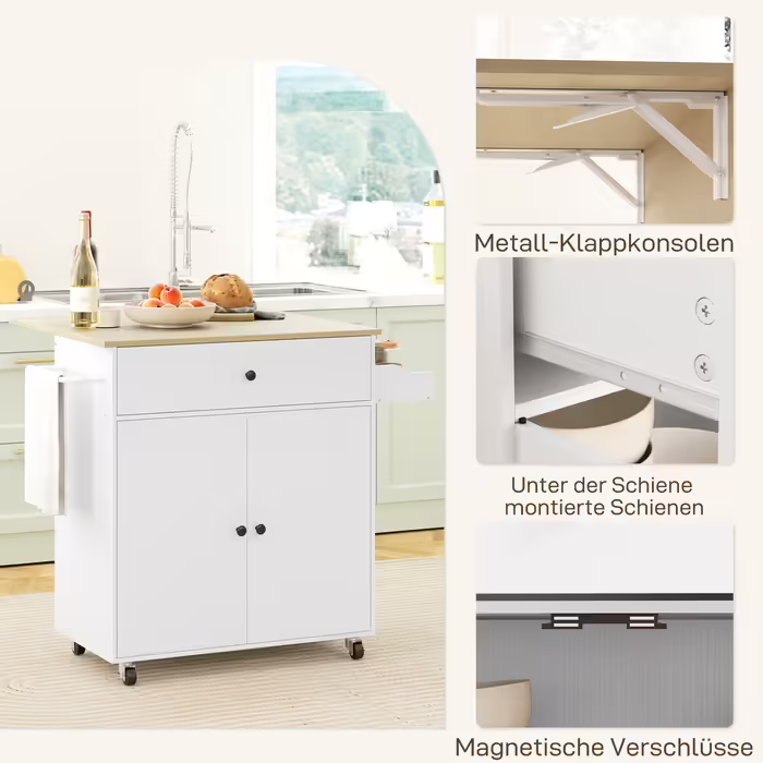 HOMCOM Kitchen Island Rolling Cart with Folding Worktop, Drawer, Kitchen Cabinet on Wheels with Shelf, Towel Rail, Spice Rack, Serving Cart White | Aosom