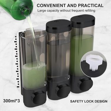 Wall-Mounted Soap Dispenser, Shampoo & Body Wash Dispenser, 3-Piece Set Soap Dispenser No Drilling, Even Liquid Dispensing, Leak-Proof. Suitable for Shampoo, Body Wash, Liquid Soap, Conditioner. (Black)