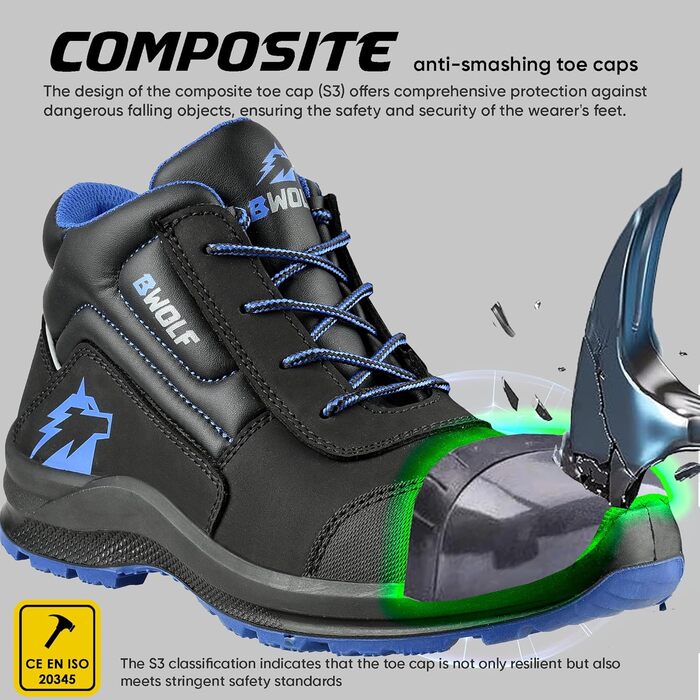 Робочі черевики BWOLF Spire чоловічі S3, водонепроникні, олієстійкі, антиковзкі 4x4 Grip Tech, Ergo підошва, 45 EU, блакитні