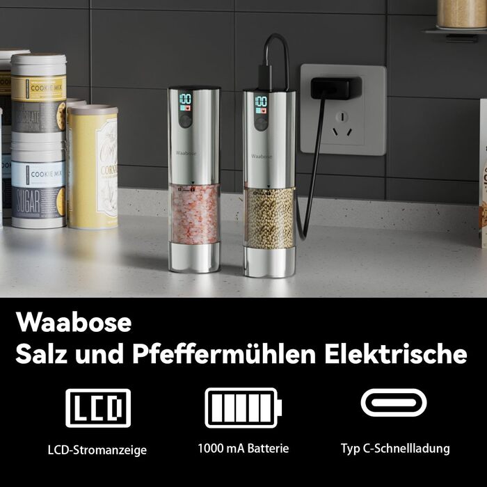 Електричний набір млинків для солі та перцю Waabose з LCD-дисплеєм, LED-підсвічуванням, регульованим ступенем помолу, акумуляторний, для кухні та барбекю