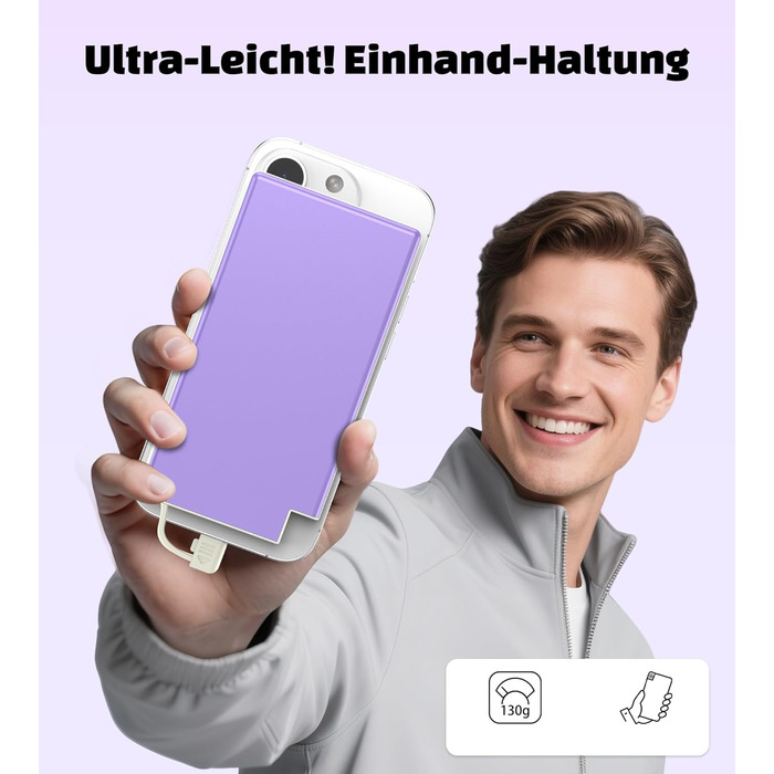 Power Bank Auskang 5000mAh Slim з кабелем для iPhone (сумісний з iPhone 14 та попередніми моделями) - фіолетовий+білий, 0.68 см
