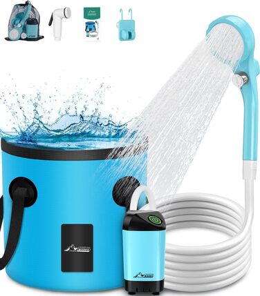 WADEO Portable Camping Shower Battery with Pump and Shower Bucket, Camping Shower with Rechargeable Battery, Mobile Shower Outdoor Showers with Shower Head, for Camping Trips, Garden, Hiking, Car Washing (Blue, with 20L Container)
