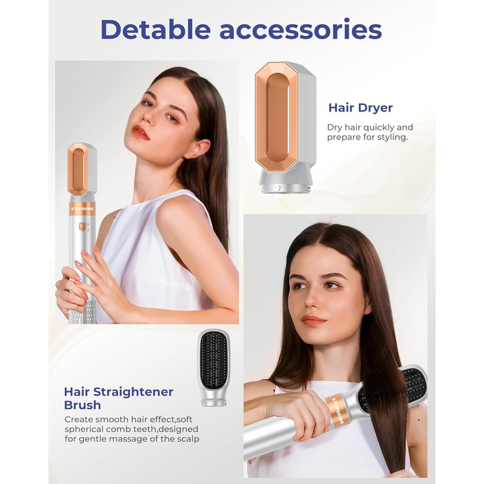 Atopskins Фен-щітка 6 в 1: стайлер для волосся, фен, щипці для завивки, випрямляч, об'єм, локони