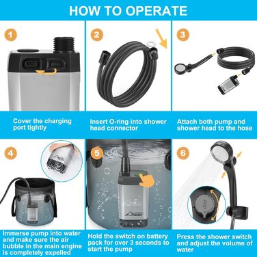 WADEO Portable Camping Shower Battery with Pump, Camping Shower with Rechargeable 6000/8000mAh Battery, Mobile Showers Outdoor Showers with Showerhead and Hose, for Camping, Travel, Garden, and Car Washing