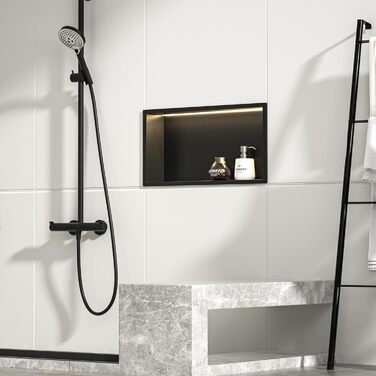 Stainless Steel Corner Shower with LED Strip Lighting, 60 cm x 30 cm, Waterproof - No Tiles Required, Bathroom Storage, Niche, Matte Black